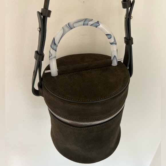 Building Block Green Suede Leather Drum Bag Sold Out Rare Marbled Handle NWOT - Picture 4 of 10